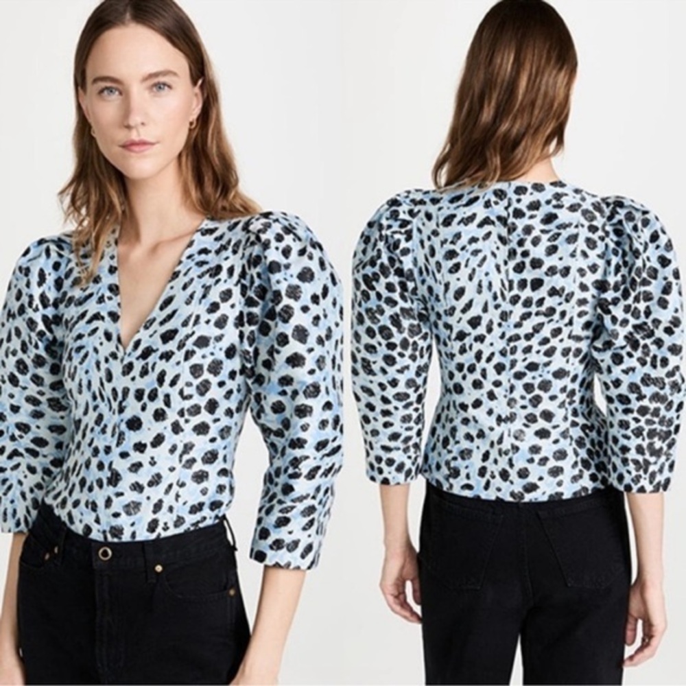 GANNI NWT Jacquard V-Neck Puff Sleeve Blouse in Leopard Print Size 34 XS
